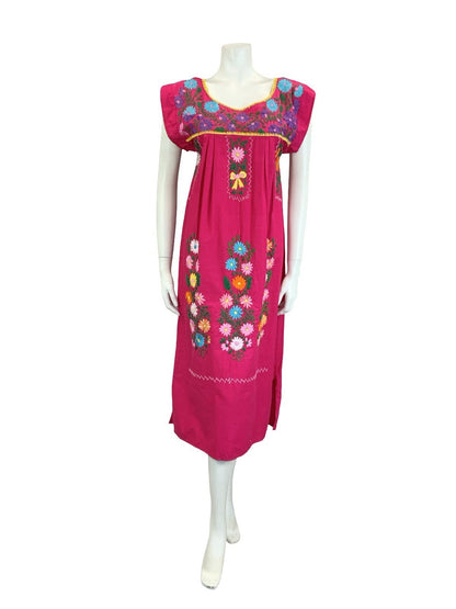 VTG 70S PINK GREEN BLUE YELLOW MEXICAN FOLK EMBROIDERED FLORAL YOKE DRESS 10