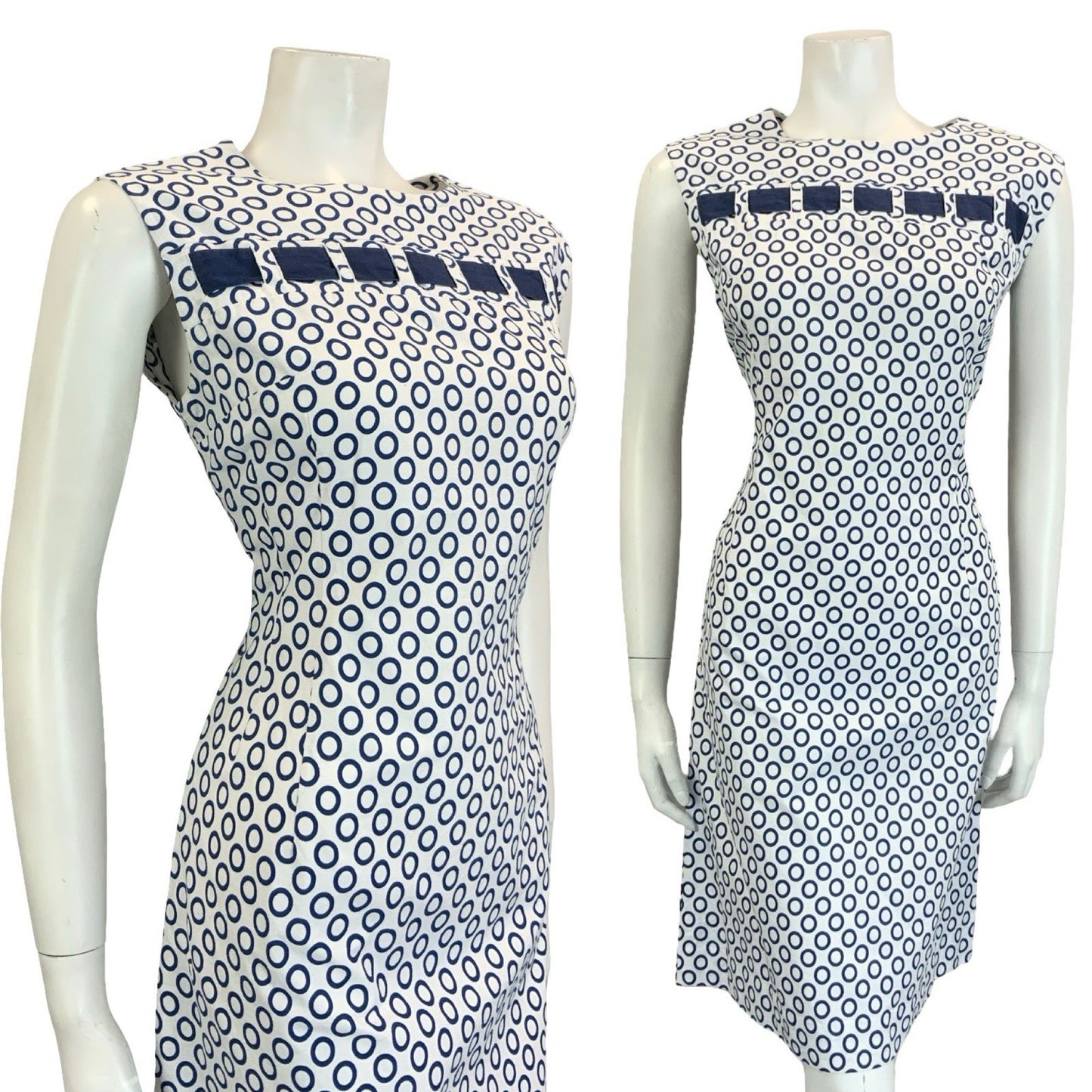 VTG 60S MOD NAVY BLUE WHITE POLKA DOT RING GEOMETRIC COTTON DRESS 14