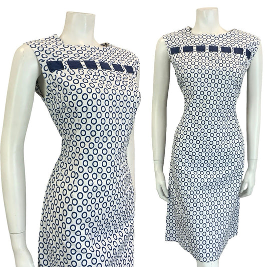VTG 60S MOD NAVY BLUE WHITE POLKA DOT RING GEOMETRIC COTTON DRESS 14