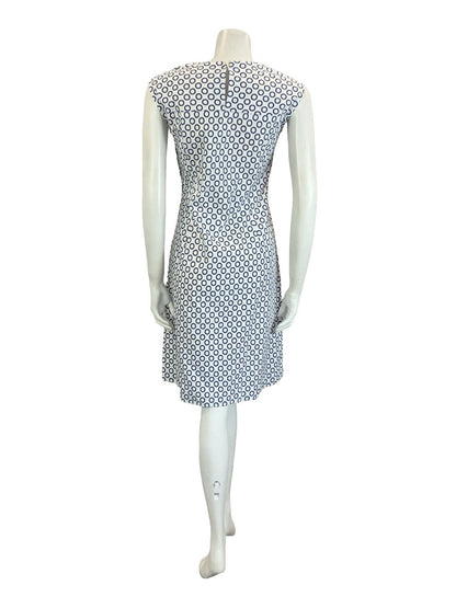 VTG 60S MOD NAVY BLUE WHITE POLKA DOT RING GEOMETRIC COTTON DRESS 14