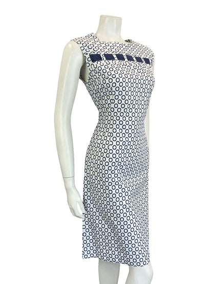 VTG 60S MOD NAVY BLUE WHITE POLKA DOT RING GEOMETRIC COTTON DRESS 14