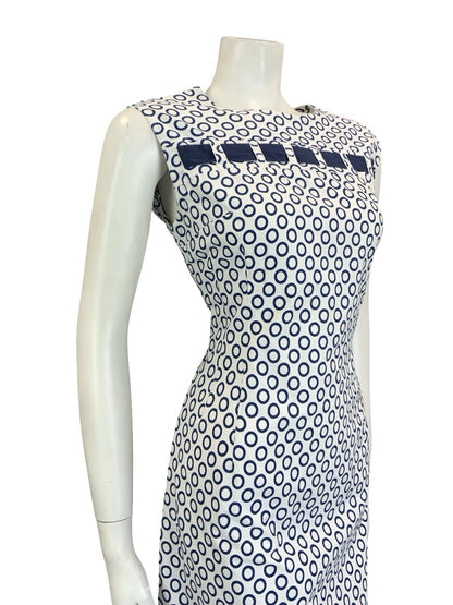 VTG 60S MOD NAVY BLUE WHITE POLKA DOT RING GEOMETRIC COTTON DRESS 14