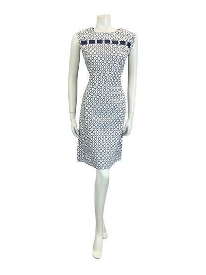 VTG 60S MOD NAVY BLUE WHITE POLKA DOT RING GEOMETRIC COTTON DRESS 14