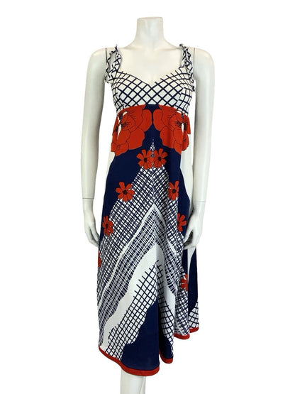 VTG 60S 70S WHITE BLUE RED FLORAL GRID CHEVRON GEOMETRIC STRAPPY EMPIRE DRESS 12