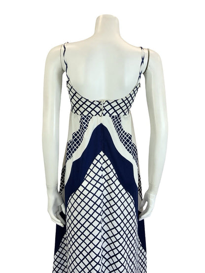 VTG 60S 70S WHITE BLUE RED FLORAL GRID CHEVRON GEOMETRIC STRAPPY EMPIRE DRESS 12