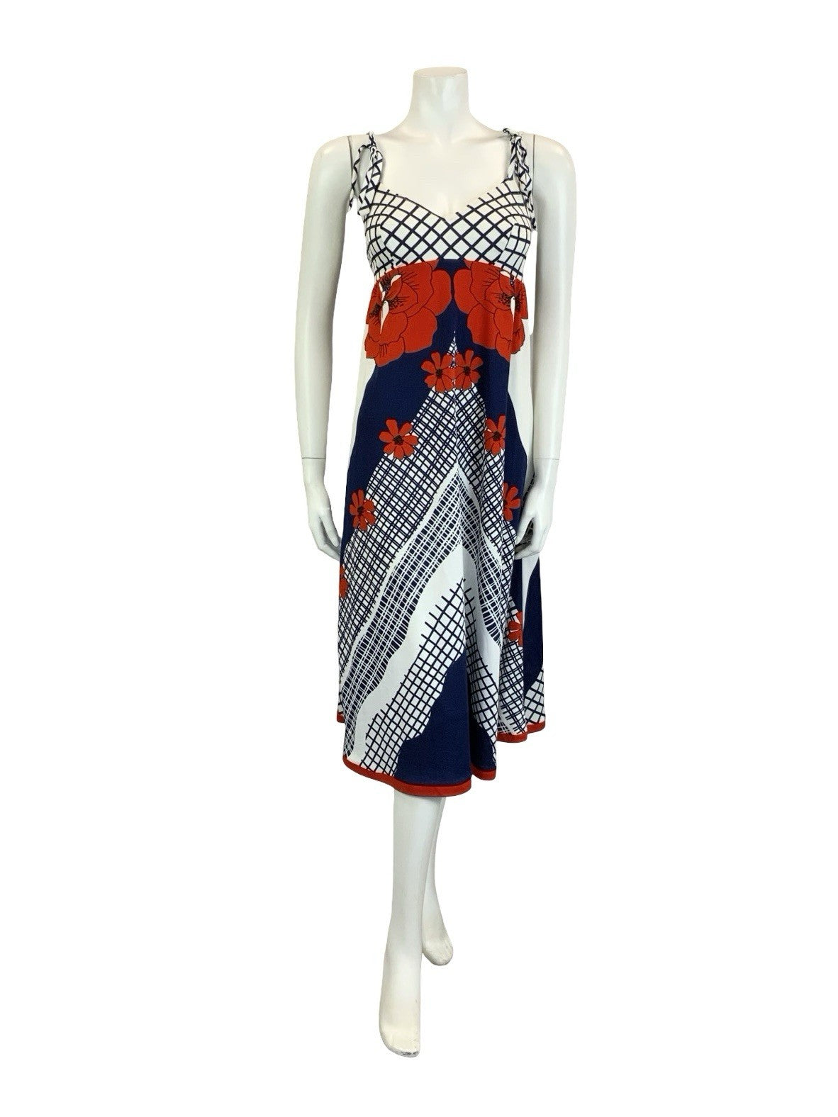 VTG 60S 70S WHITE BLUE RED FLORAL GRID CHEVRON GEOMETRIC STRAPPY EMPIRE DRESS 12