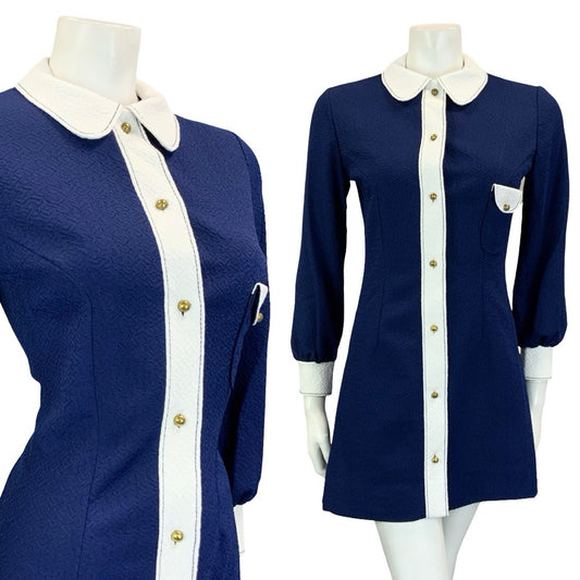 VTG 60S NAVY BLUE WHITE MOD SCOOTER COLOUR BLOCK ROUND COLLAR SHIRT DRESS 8
