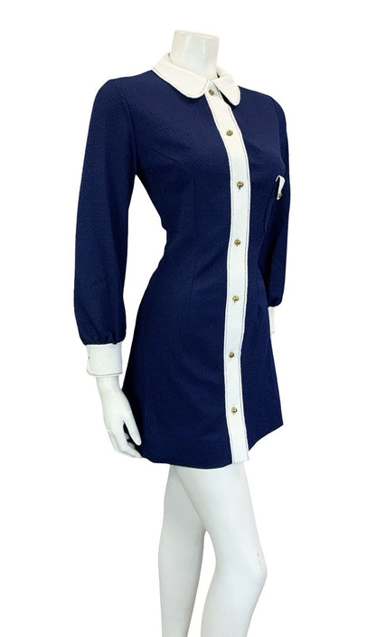 VTG 60S NAVY BLUE WHITE MOD SCOOTER COLOUR BLOCK ROUND COLLAR SHIRT DRESS 8