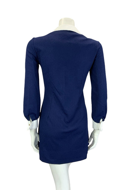 VTG 60S NAVY BLUE WHITE MOD SCOOTER COLOUR BLOCK ROUND COLLAR SHIRT DRESS 8