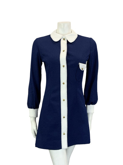 VTG 60S NAVY BLUE WHITE MOD SCOOTER COLOUR BLOCK ROUND COLLAR SHIRT DRESS 8