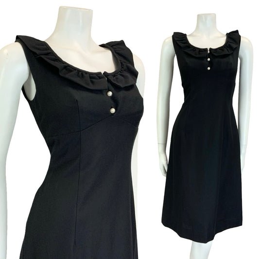 VTG 60S 70S MOD SCOOP RUFFLE NECK EMPIRE SLEEVELESS MIDI LITTLE BLACK DRESS 12