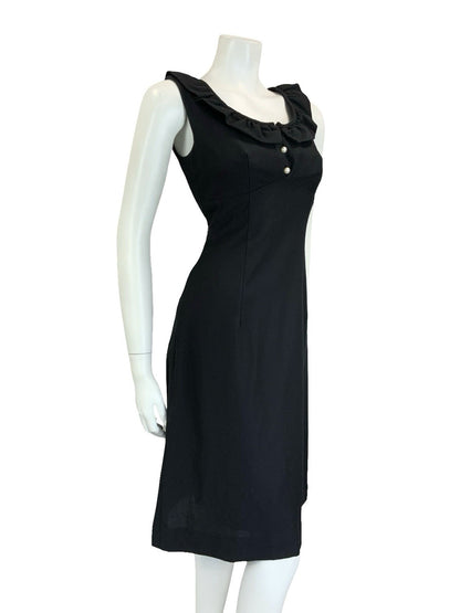 VTG 60S 70S MOD SCOOP RUFFLE NECK EMPIRE SLEEVELESS MIDI LITTLE BLACK DRESS 12