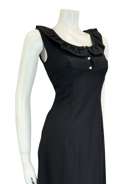 VTG 60S 70S MOD SCOOP RUFFLE NECK EMPIRE SLEEVELESS MIDI LITTLE BLACK DRESS 12