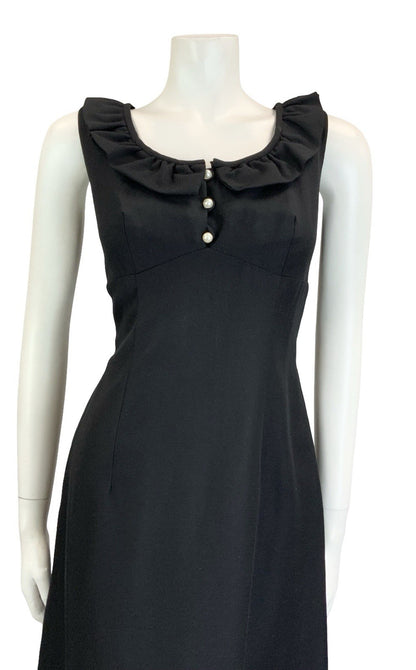 VTG 60S 70S MOD SCOOP RUFFLE NECK EMPIRE SLEEVELESS MIDI LITTLE BLACK DRESS 12