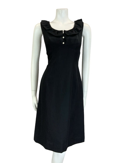 VTG 60S 70S MOD SCOOP RUFFLE NECK EMPIRE SLEEVELESS MIDI LITTLE BLACK DRESS 12