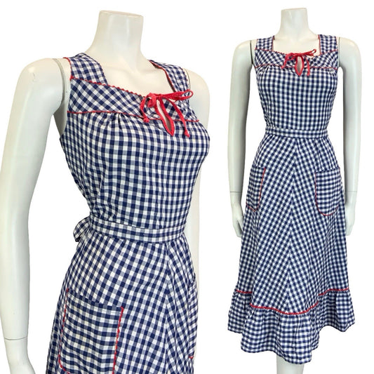 VTG 60S 70S NAVY BLUE WHITE RED GINGHAM COTTAGE KEYHOLE RUFFLE SUN DRESS 16