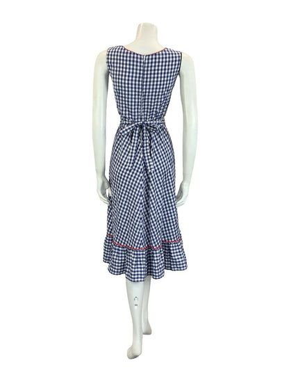 VTG 60S 70S NAVY BLUE WHITE RED GINGHAM COTTAGE KEYHOLE RUFFLE SUN DRESS 16