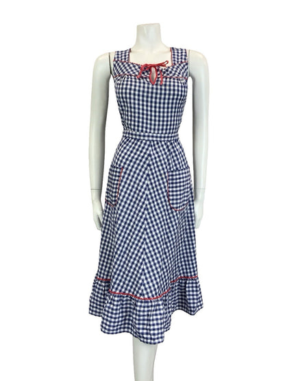VTG 60S 70S NAVY BLUE WHITE RED GINGHAM COTTAGE KEYHOLE RUFFLE SUN DRESS 16