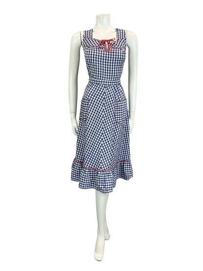 VTG 60S 70S NAVY BLUE WHITE RED GINGHAM COTTAGE KEYHOLE RUFFLE SUN DRESS 16