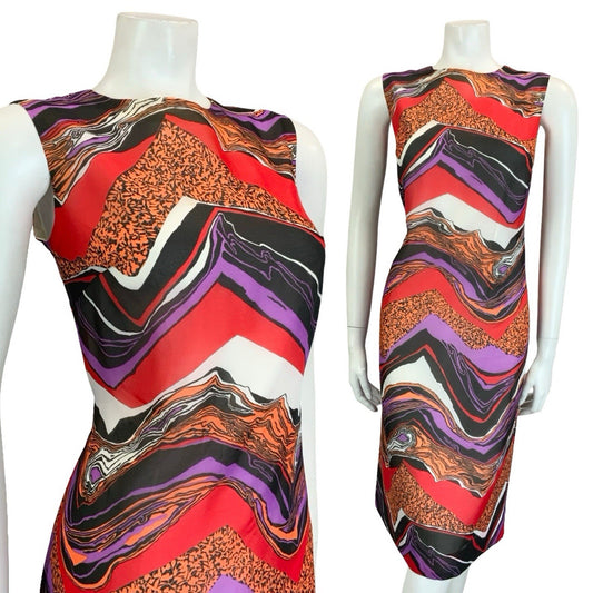 VTG 60S 70S BLACK RED PURPLE ORANGE WHITE PSYCHEDELIC CHEVRON SHIFT DRESS 12