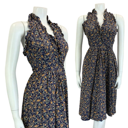 VTG 60S 70S NAVY BLUE GREEN ORANGE FLORAL RUFFLE HALTER NECK MIDI DRESS 4 6
