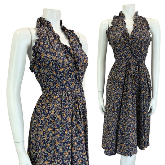 VTG 60S 70S NAVY BLUE GREEN ORANGE FLORAL RUFFLE HALTER NECK MIDI DRESS 4 6