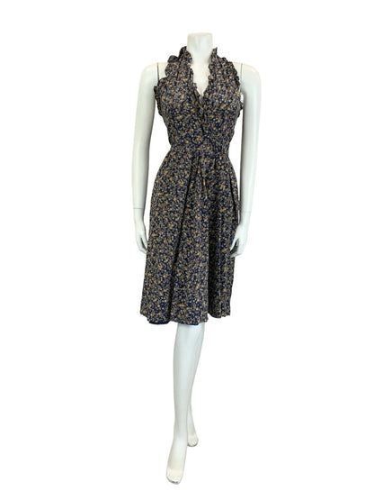 VTG 60S 70S NAVY BLUE GREEN ORANGE FLORAL RUFFLE HALTER NECK MIDI DRESS 4 6