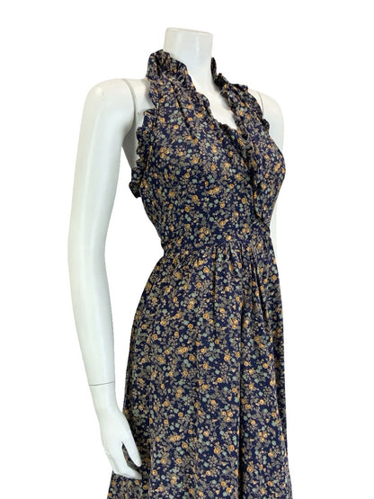 VTG 60S 70S NAVY BLUE GREEN ORANGE FLORAL RUFFLE HALTER NECK MIDI DRESS 4 6