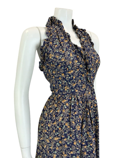 VTG 60S 70S NAVY BLUE GREEN ORANGE FLORAL RUFFLE HALTER NECK MIDI DRESS 4 6