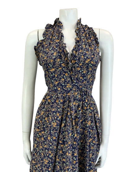 VTG 60S 70S NAVY BLUE GREEN ORANGE FLORAL RUFFLE HALTER NECK MIDI DRESS 4 6