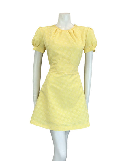 VTG 60S 70S YELLOW WHITE DIAMOND GEOMETRIC PUFF SLEEVE TIE MOD MINI DRESS 14