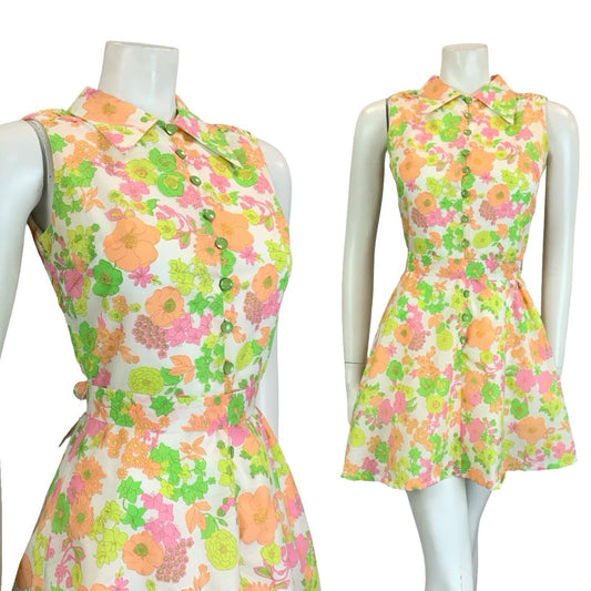 VTG 60S 70S WHITE PINK YELLOW ORANGE NEON FLORAL DAGGER BELTED SHIRT DRESS 6