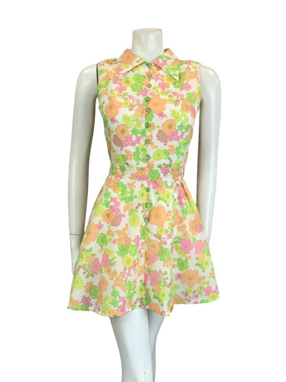 VTG 60S 70S WHITE PINK YELLOW ORANGE NEON FLORAL DAGGER BELTED SHIRT DRESS 6