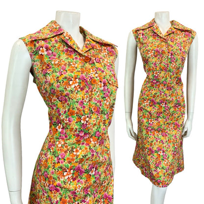VTG 60S 70S ORANGE PINK GREEN OPEN DAGGER COLLAR FLORAL LEAFY SHIRT DRESS 12 14