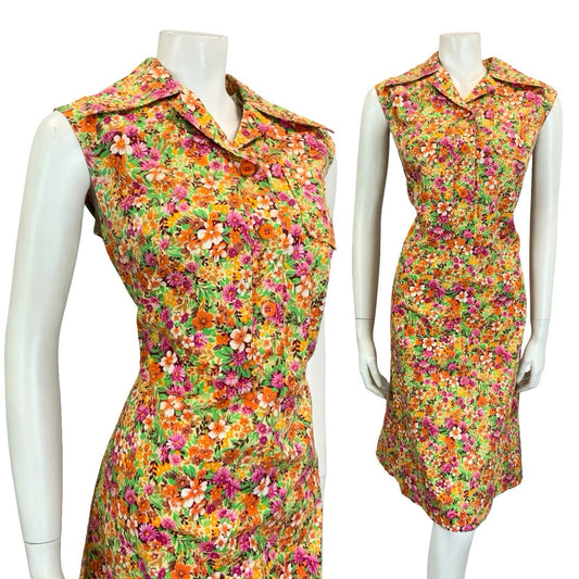 VTG 60S 70S ORANGE PINK GREEN OPEN DAGGER COLLAR FLORAL LEAFY SHIRT DRESS 12 14