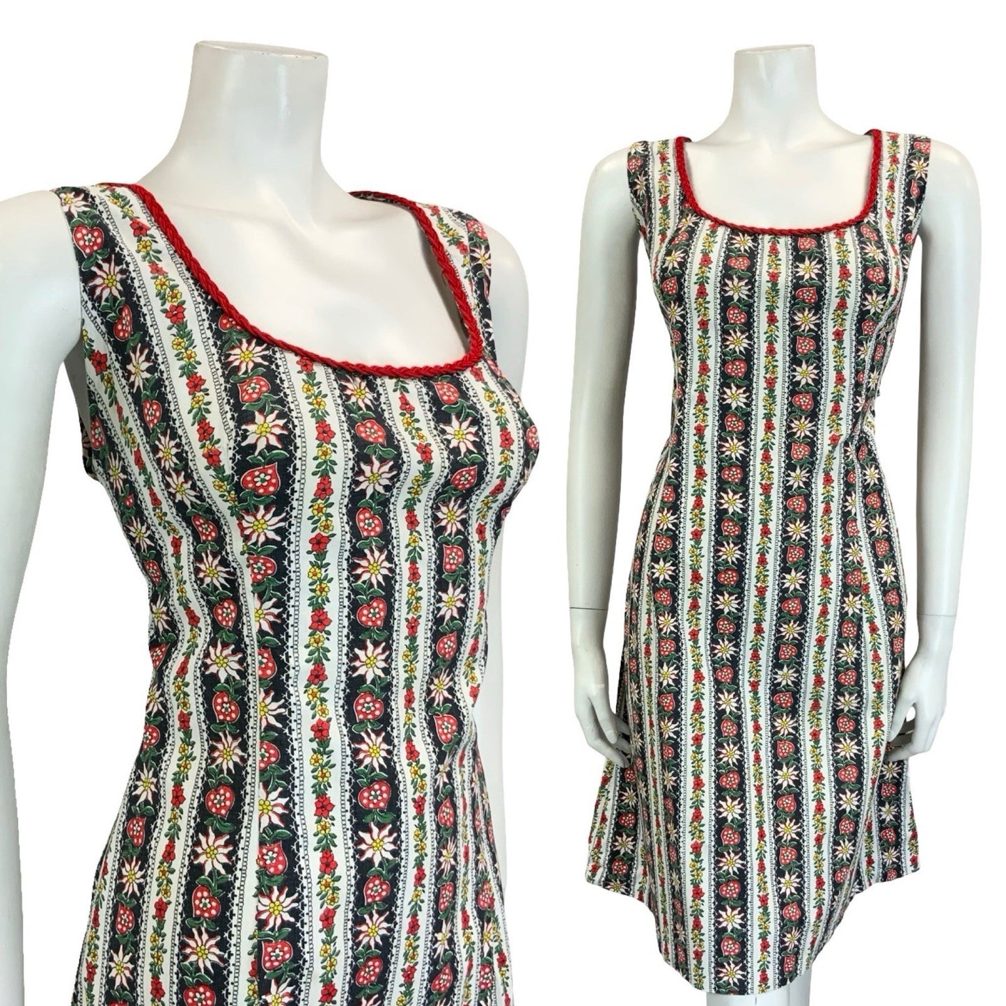 VTG 60S 70S WHITE BLACK RED FOLK STRIPED FLORAL EDELWEISS HEART DRESS 16 18 L