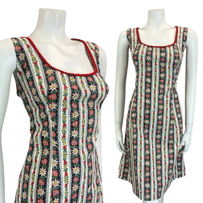 VTG 60S 70S WHITE BLACK RED FOLK STRIPED FLORAL EDELWEISS HEART DRESS 16 18 L