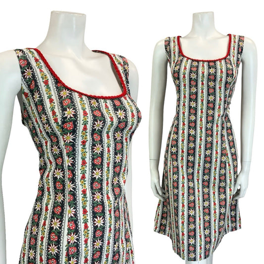VTG 60S 70S WHITE BLACK RED FOLK STRIPED FLORAL EDELWEISS HEART DRESS 16 18 L