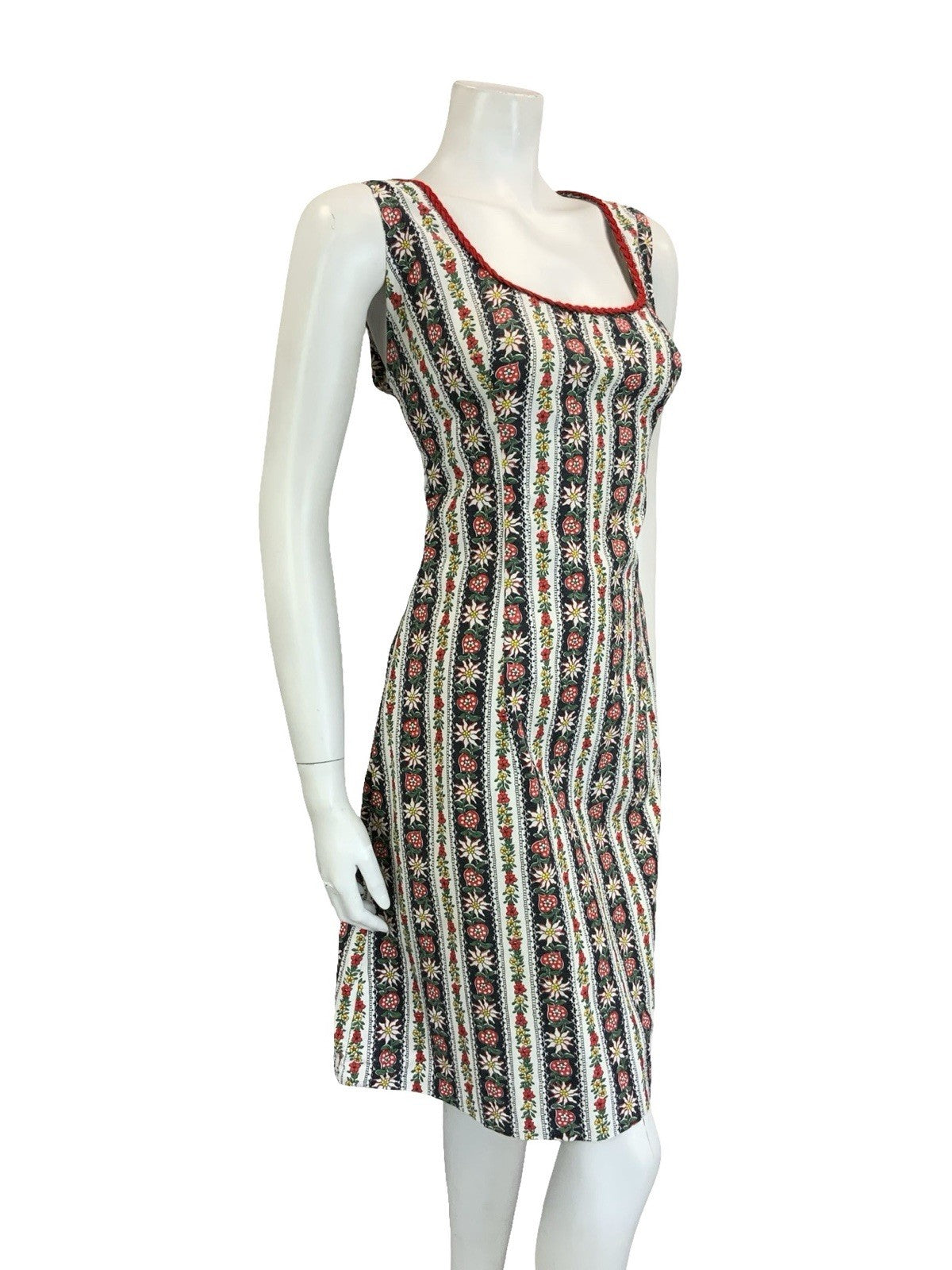 VTG 60S 70S WHITE BLACK RED FOLK STRIPED FLORAL EDELWEISS HEART DRESS 16 18 L