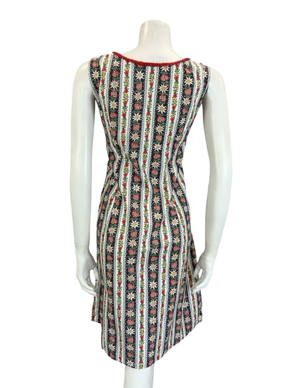 VTG 60S 70S WHITE BLACK RED FOLK STRIPED FLORAL EDELWEISS HEART DRESS 16 18 L