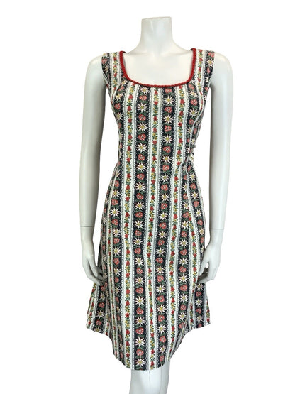 VTG 60S 70S WHITE BLACK RED FOLK STRIPED FLORAL EDELWEISS HEART DRESS 16 18 L