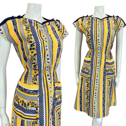 VTG 60S 70S YELLOW BLUE WHITE GEOMETRIC STRIPE FLORAL TOGGLE POCKET DRESS 10