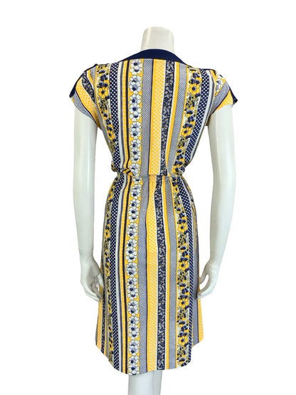 VTG 60S 70S YELLOW BLUE WHITE GEOMETRIC STRIPE FLORAL TOGGLE POCKET DRESS 10
