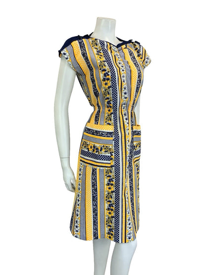 VTG 60S 70S YELLOW BLUE WHITE GEOMETRIC STRIPE FLORAL TOGGLE POCKET DRESS 10
