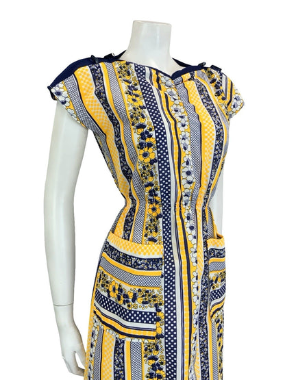 VTG 60S 70S YELLOW BLUE WHITE GEOMETRIC STRIPE FLORAL TOGGLE POCKET DRESS 10