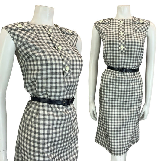 VTG 60S 70S GREY WHITE BLACK SECRETARY GINGHAM BELTED MOD SHIFT DRESS 10