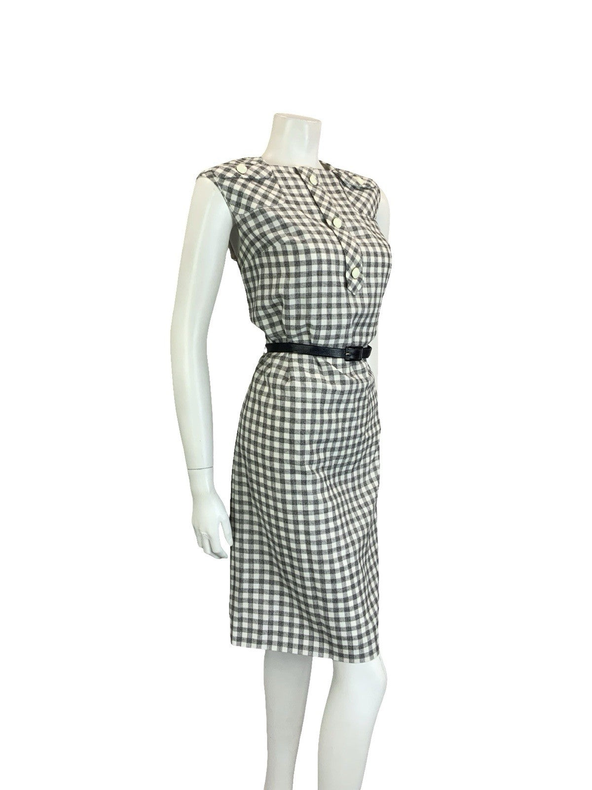 VTG 60S 70S GREY WHITE BLACK SECRETARY GINGHAM BELTED MOD SHIFT DRESS 10