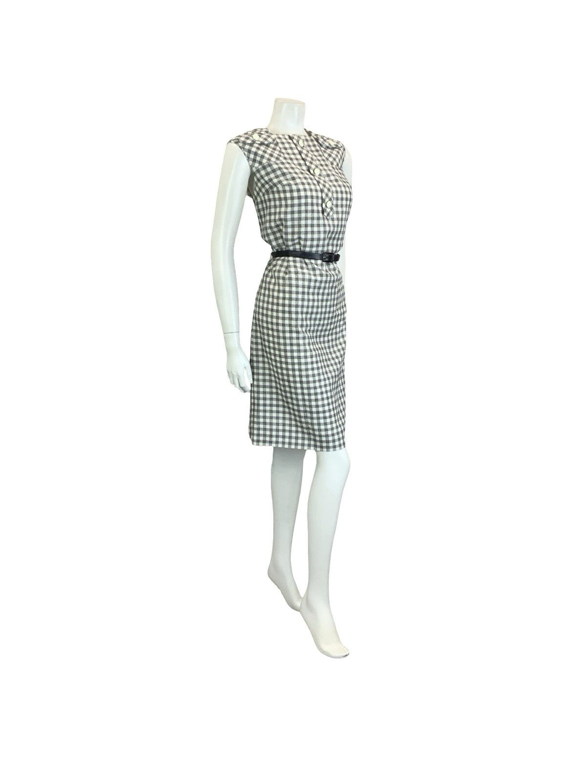VTG 60S 70S GREY WHITE BLACK SECRETARY GINGHAM BELTED MOD SHIFT DRESS 10