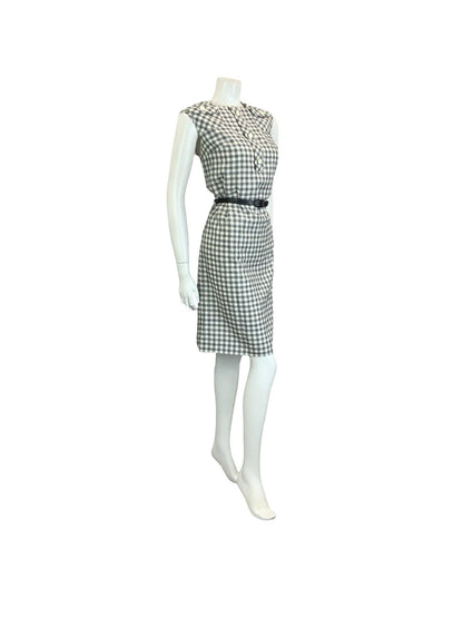VTG 60S 70S GREY WHITE BLACK SECRETARY GINGHAM BELTED MOD SHIFT DRESS 10