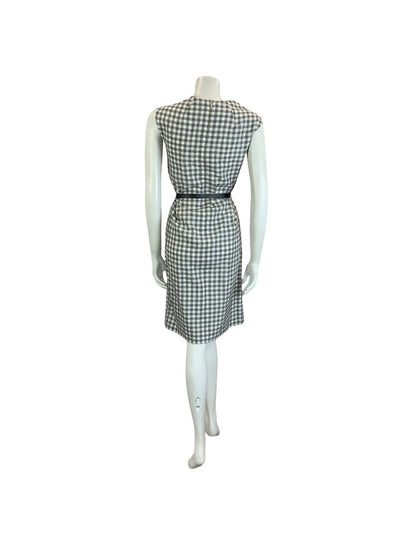 VTG 60S 70S GREY WHITE BLACK SECRETARY GINGHAM BELTED MOD SHIFT DRESS 10